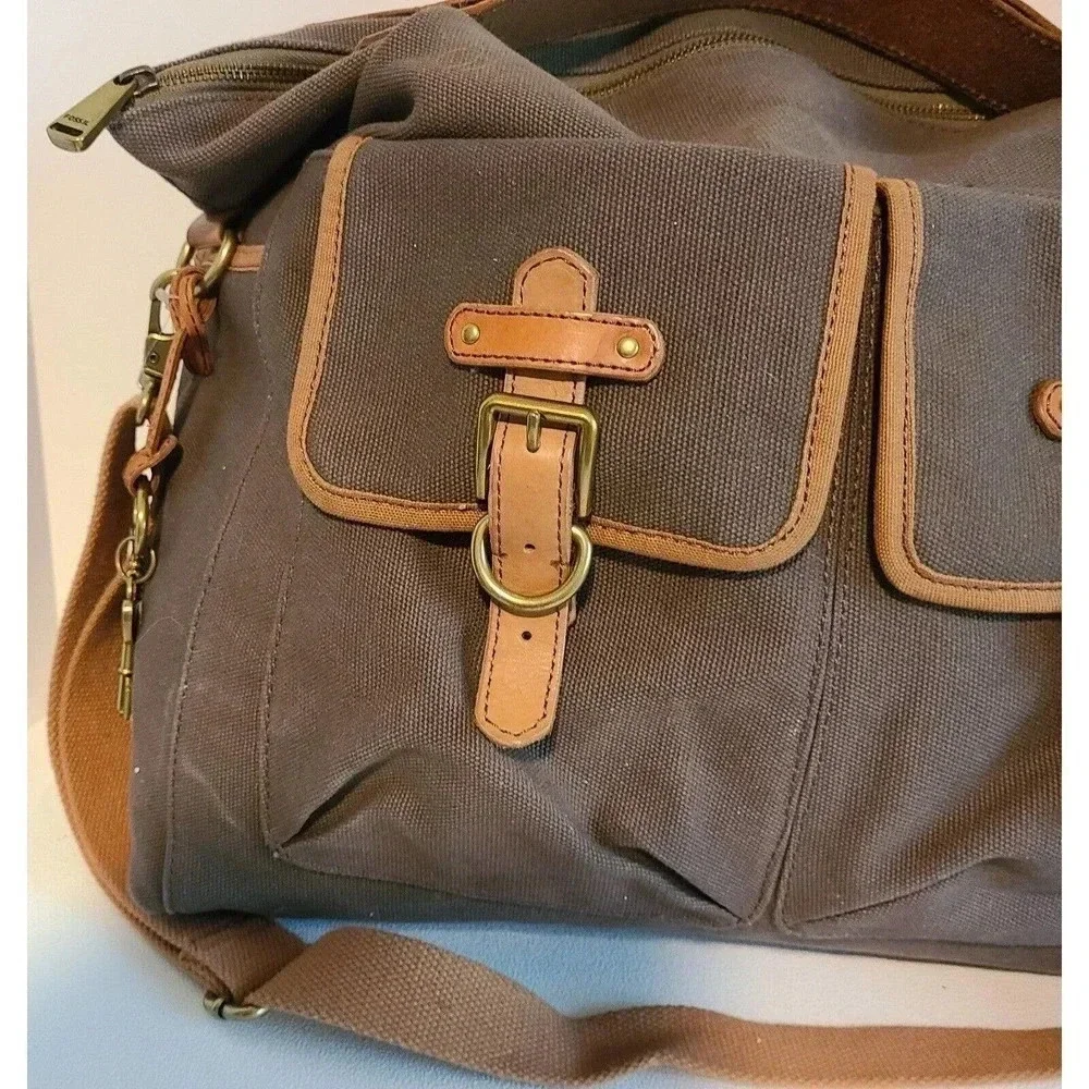 FOSSIL DUFFEL 1954 LONG LIVE VINTAGE LEATHER GREEN CANVAS MILITARY STYLE BAG LG